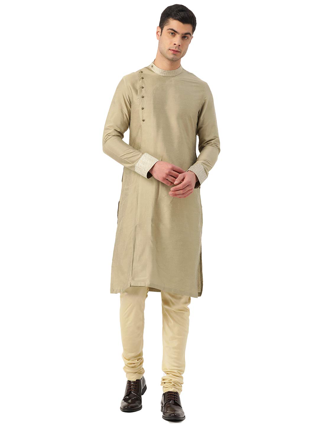 Manyavar Side Opening Sytlish Full Sleeves Kurta And Churidar Set For Men - (Pista, Medium)