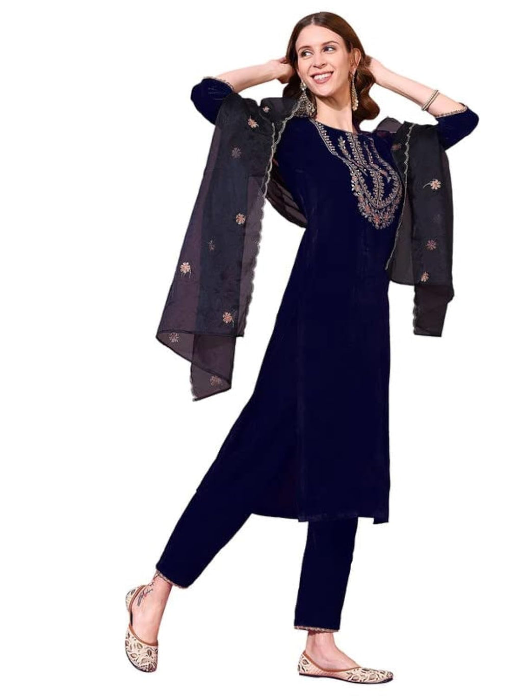Sanisa Womens Velvet Embroidery Straight Kurta Set with Dupatta (27Kbd361N-Xl_Navy Blue)
