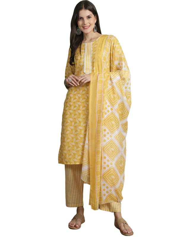 Pinkmint Women Leaf Pattern Kurta & Lining Pant With Fancy Duppatta Set Ll Casual Wear Ll Cotton Formal Wear Yellow