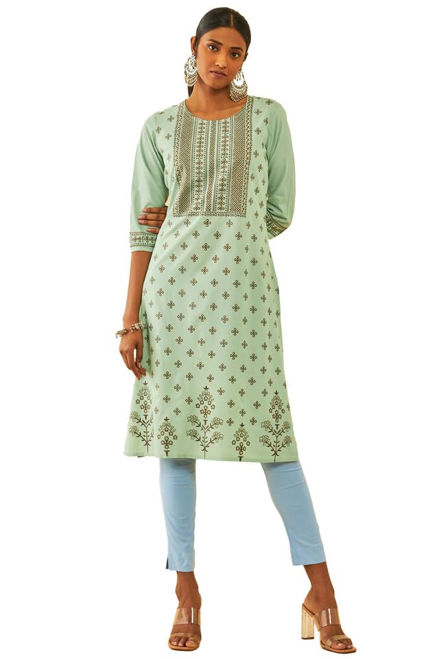 Soch Women Rayon Floral Printed Straight Kurta with Beads