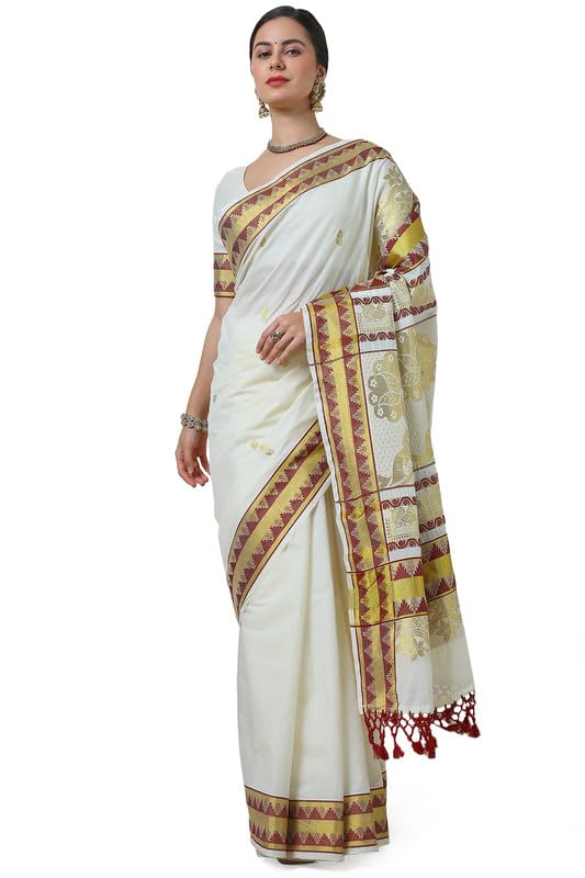 Soch Women Woven Design Cotton Blend Kasavu Saree with Tassels