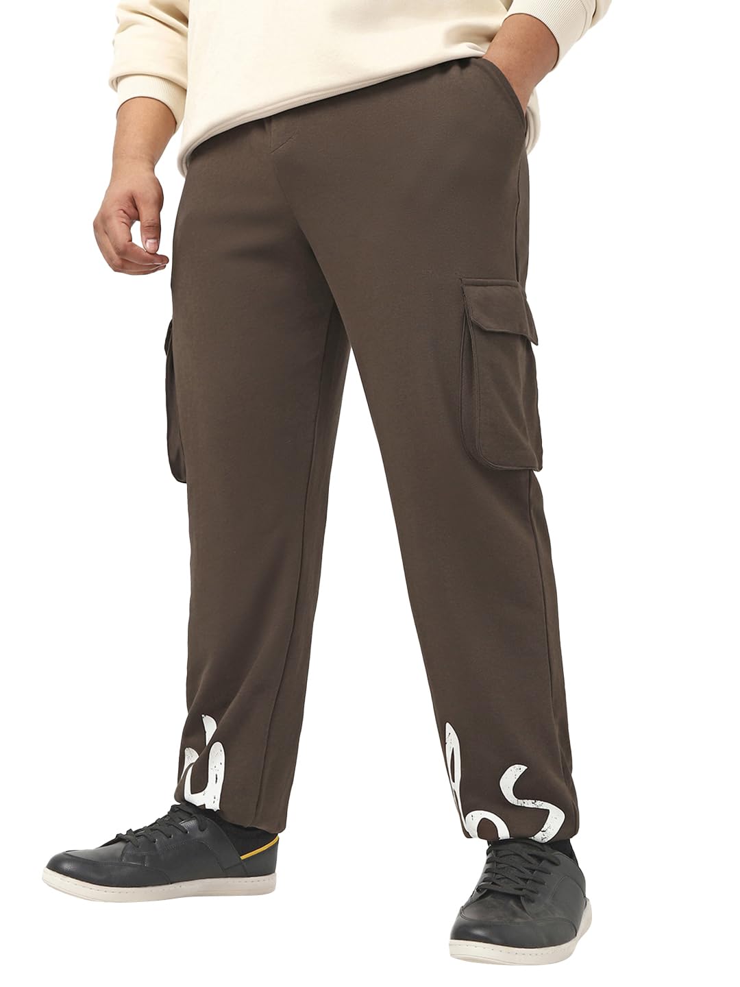 Bewakoof Mens Typography Oversized Fit Poly Cotton Plus Size Cargo Joggers_644827_Brown_6XL