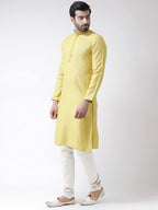 Kisah Men Yellow White Self Design Kurta With Churidar, Full Sleaves, Knee Length, Straight, Regular Fit, Mandarin Collar Ethnic