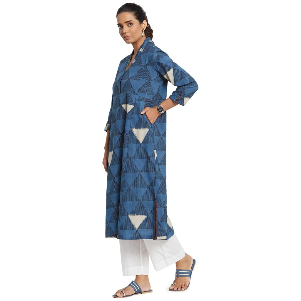 Fabindia Women Printed Straight Long Kurta Cotton_Blue