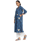 Fabindia Women Printed Straight Long Kurta Cotton_Blue