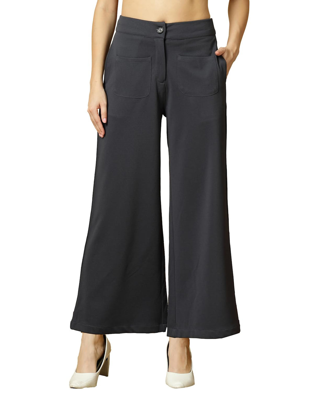OOMPH! Women Trouser | Wide Leg High Waist Trousers | Solid Formal & Casual Pants with Front Patch Pockets | Officewear, Travel,