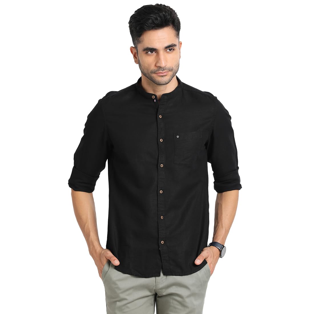 Turtle Men Cotton Linen Black Solid Slim Fit Full Sleeve Casual Shirt