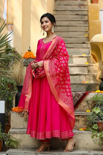 ANNI DESIGNER Womens Rayon Blend Anarkali Solid Kurta with Pant & Dupatta (GANPATI-Rani_L_Pink_Large)