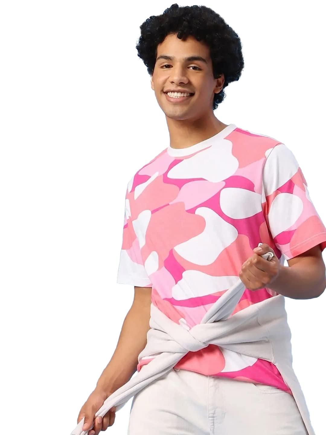 Bewakoof Mens All Over Printed 100% Cotton T-Shirt - Oversized Fit, Round Neck, Half Sleeves Pink