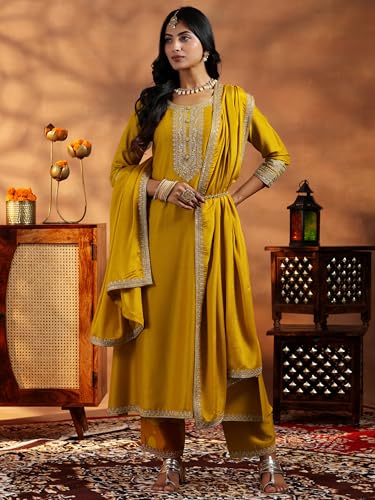 Libas Womens Yoke Design Silk Blend A-Line Kurta With Trousers And Dupatta