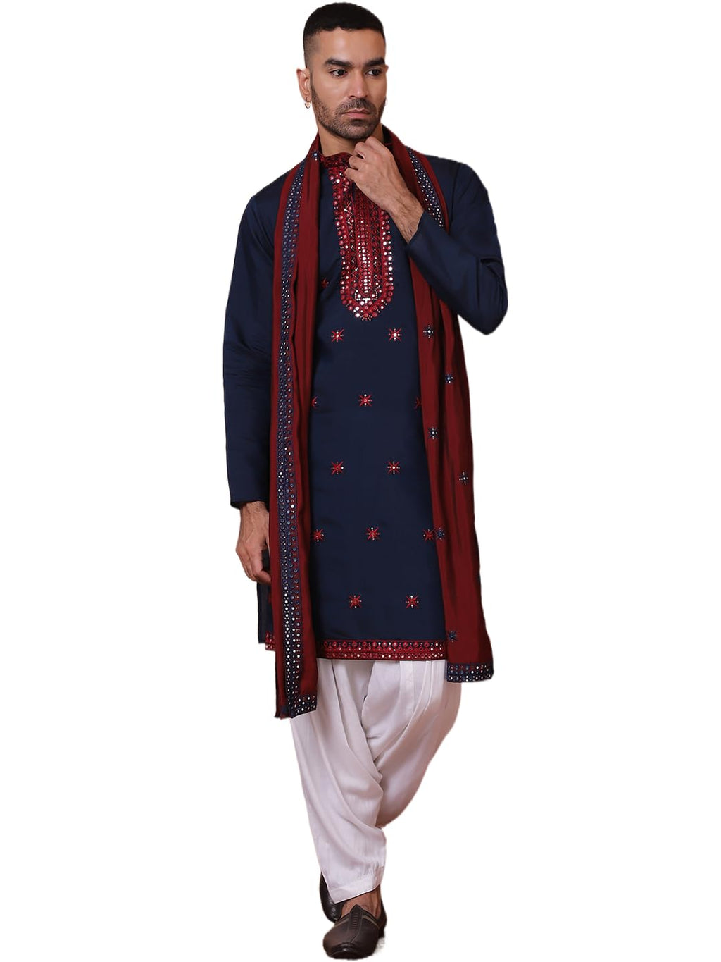 Jompers Mens Embroidered Silk Blend Kurta Salwar And Dupatta Set