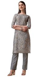 Fashion Basket Womens Cotton Printed Grey Kurta Set (Fb-Es-E6025-Grey-S)