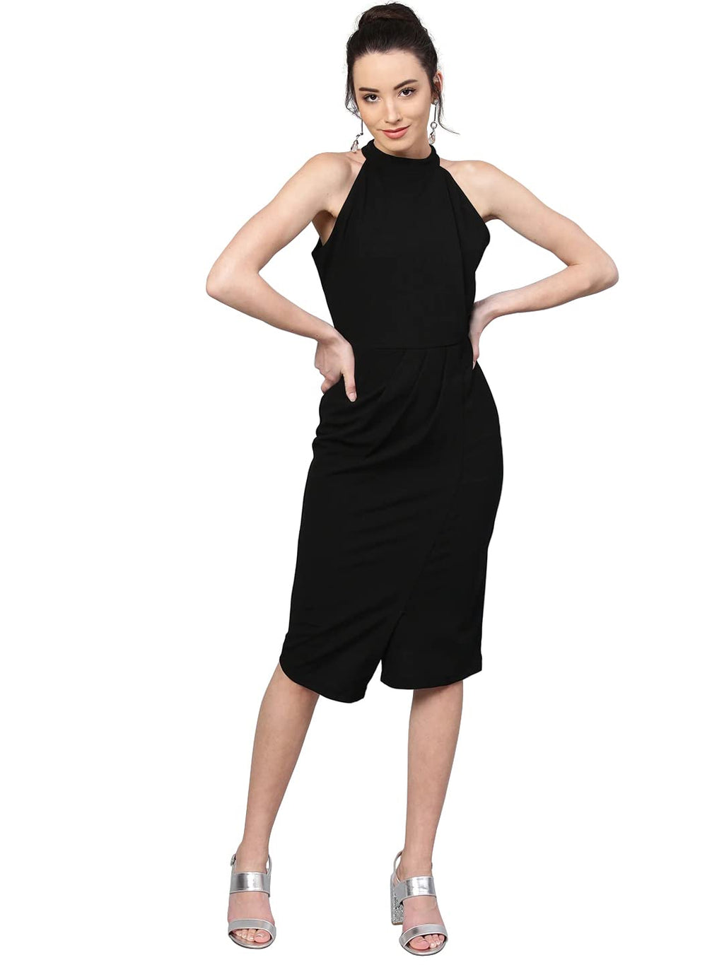 Shasmi WomenS Comfortable Black Halter Neck Sleeveless Solid Midi Bodycon Casual Western Stylish Dress For Womens/Midi Dress Fo