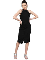 Shasmi WomenS Comfortable Black Halter Neck Sleeveless Solid Midi Bodycon Casual Western Stylish Dress For Womens/Midi Dress Fo