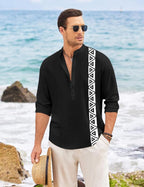 Finivo Fashion MenS Short Kurta With Printed Geometric Side Panel | Cotton Blend Full Sleeve Ethnic Topwear With Mandarin Collar