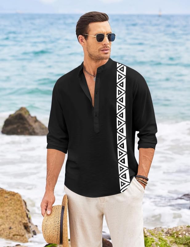 Finivo Fashion MenS Short Kurta With Printed Geometric Side Panel | Cotton Blend Full Sleeve Ethnic Topwear With Mandarin Collar