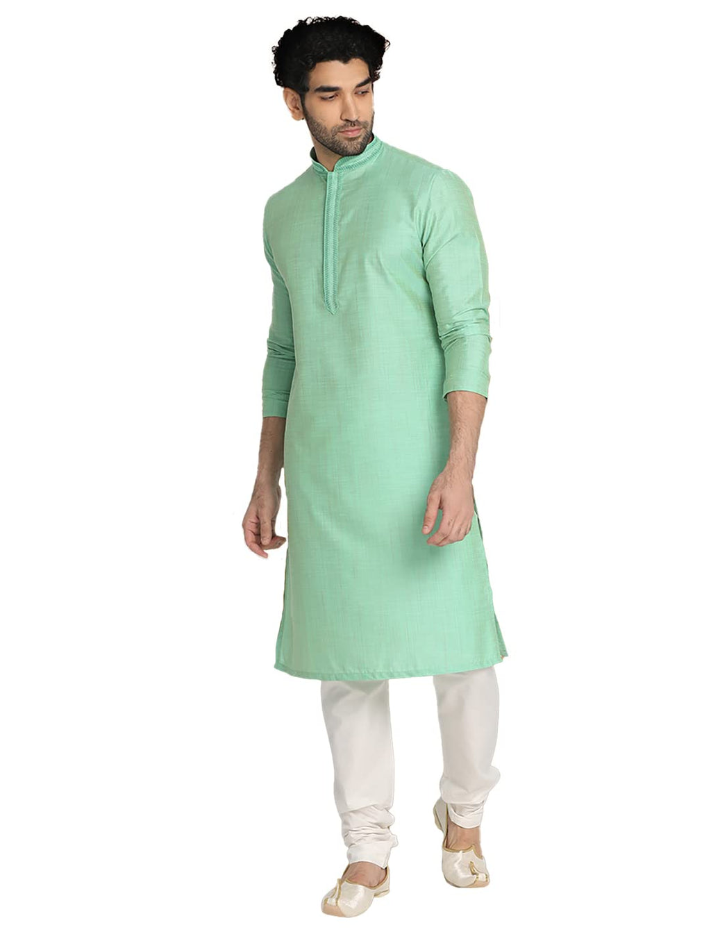 Manyavar MenS Kurta Set, Art Silk Mandarin Collar Full Sleeve Kurte Set For Men Light Green (2X-Large)