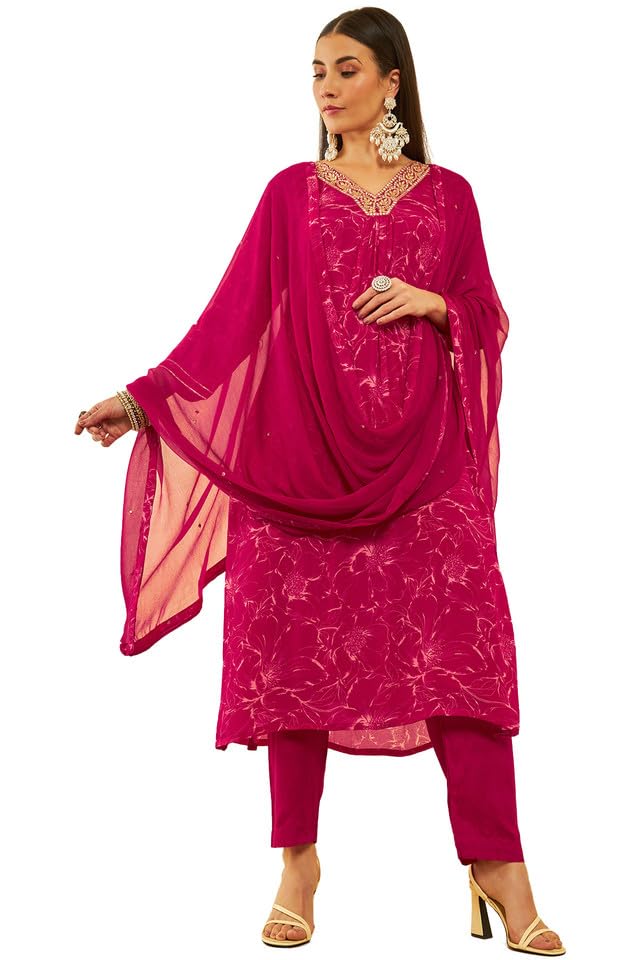 Soch Women Chinon Floral Printed Suit Set with Gotta Patti & Faux Mirror