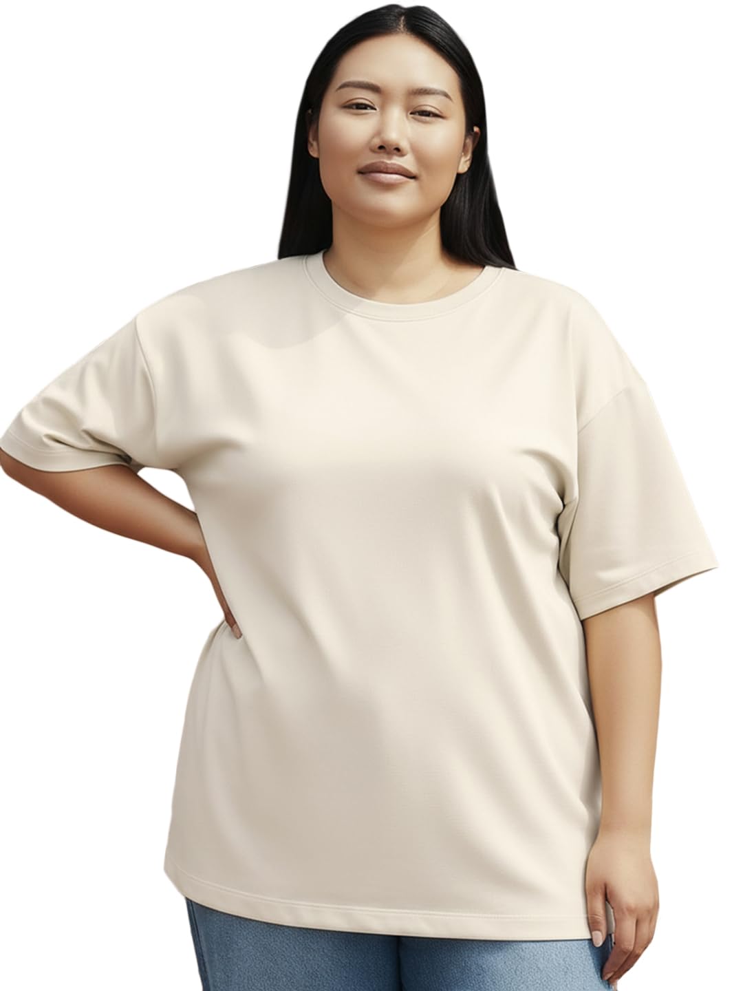 Bewakoof Heavy Duty 1.0 Womens Solid Oversized Fit Half Sleeve Round Neck Cotton Plus Size T-Shirt_659447_Beige_5XL
