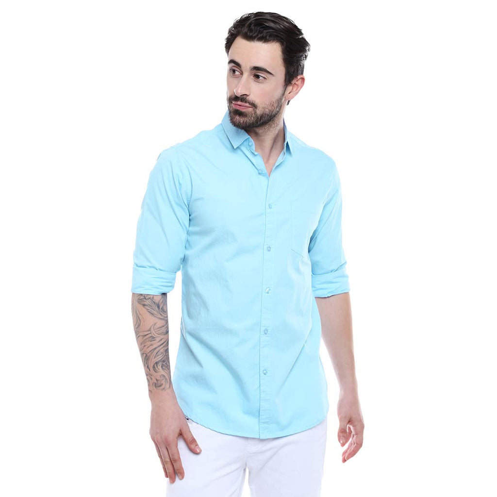 Dennis Lingo Men s Cotton Turquoise Blue Solid Casual Shirt