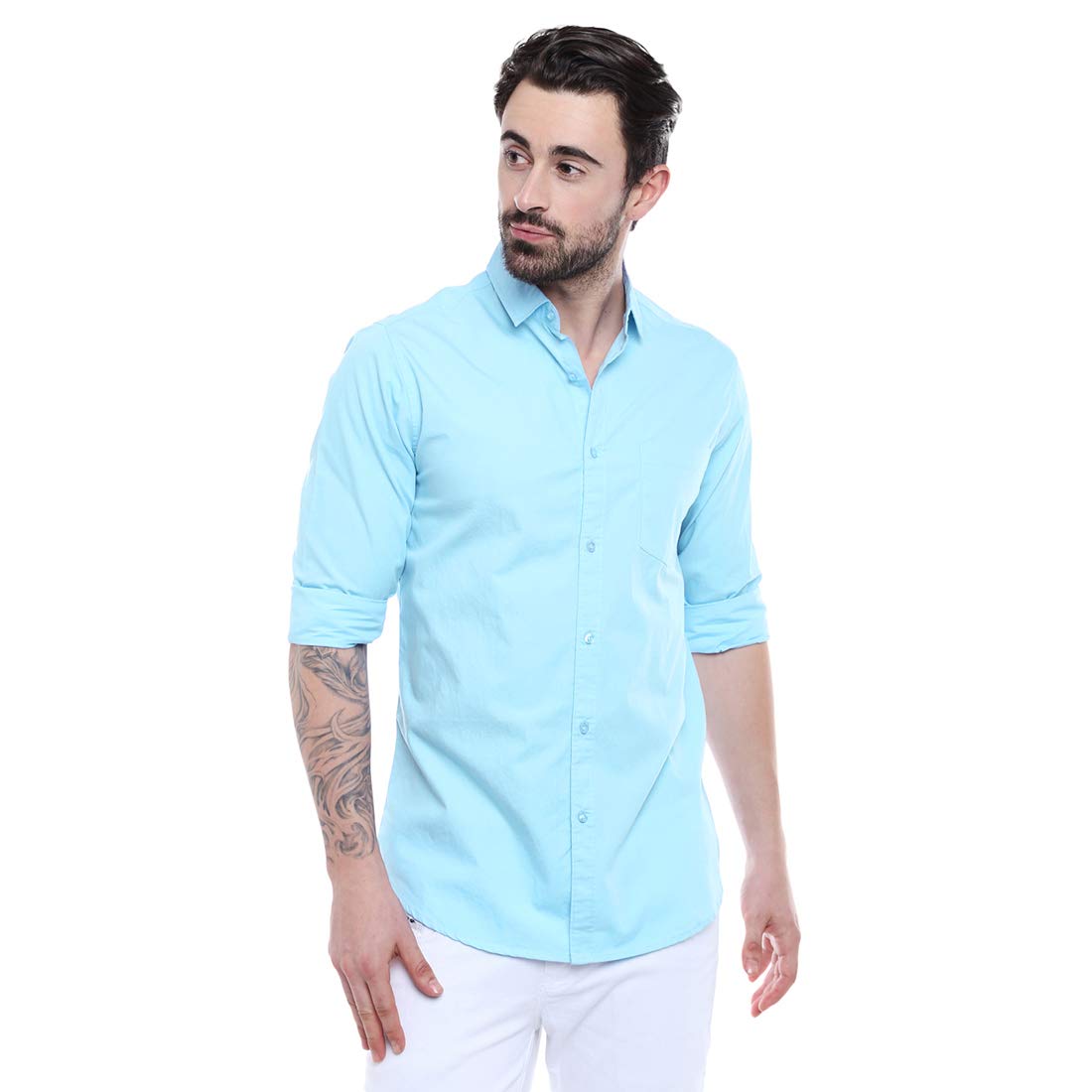 Dennis Lingo Men s Cotton Turquoise Blue Solid Casual Shirt