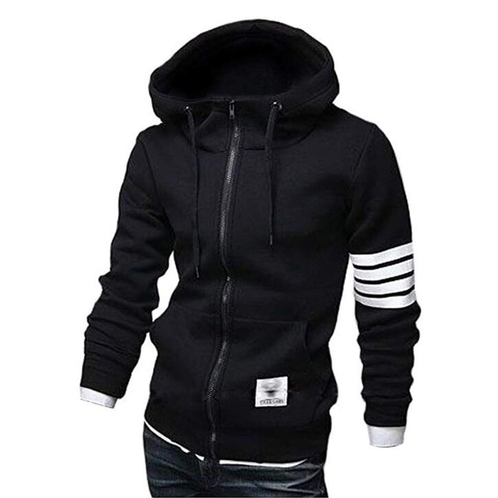 ZUEVI Men's Hoodies Casual Striped Drawstring Hooded Zipper Closure Slim Fit Sweatshirt With Pockets (Black-XXL)