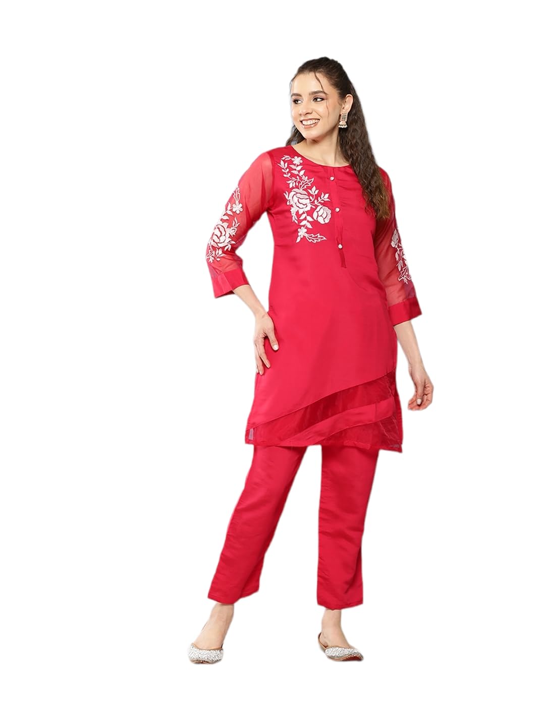 Aarika Womens Rani Colour Thread Embroidery Silk Kurti Pant Set (M-Xxl)