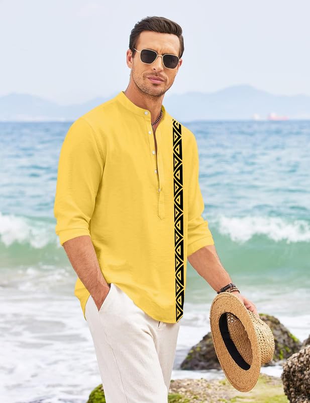 Finivo Fashion MenS Short Kurta With Printed Geometric Side Panel | Cotton Blend Full Sleeve Ethnic Topwear With Mandarin Collar