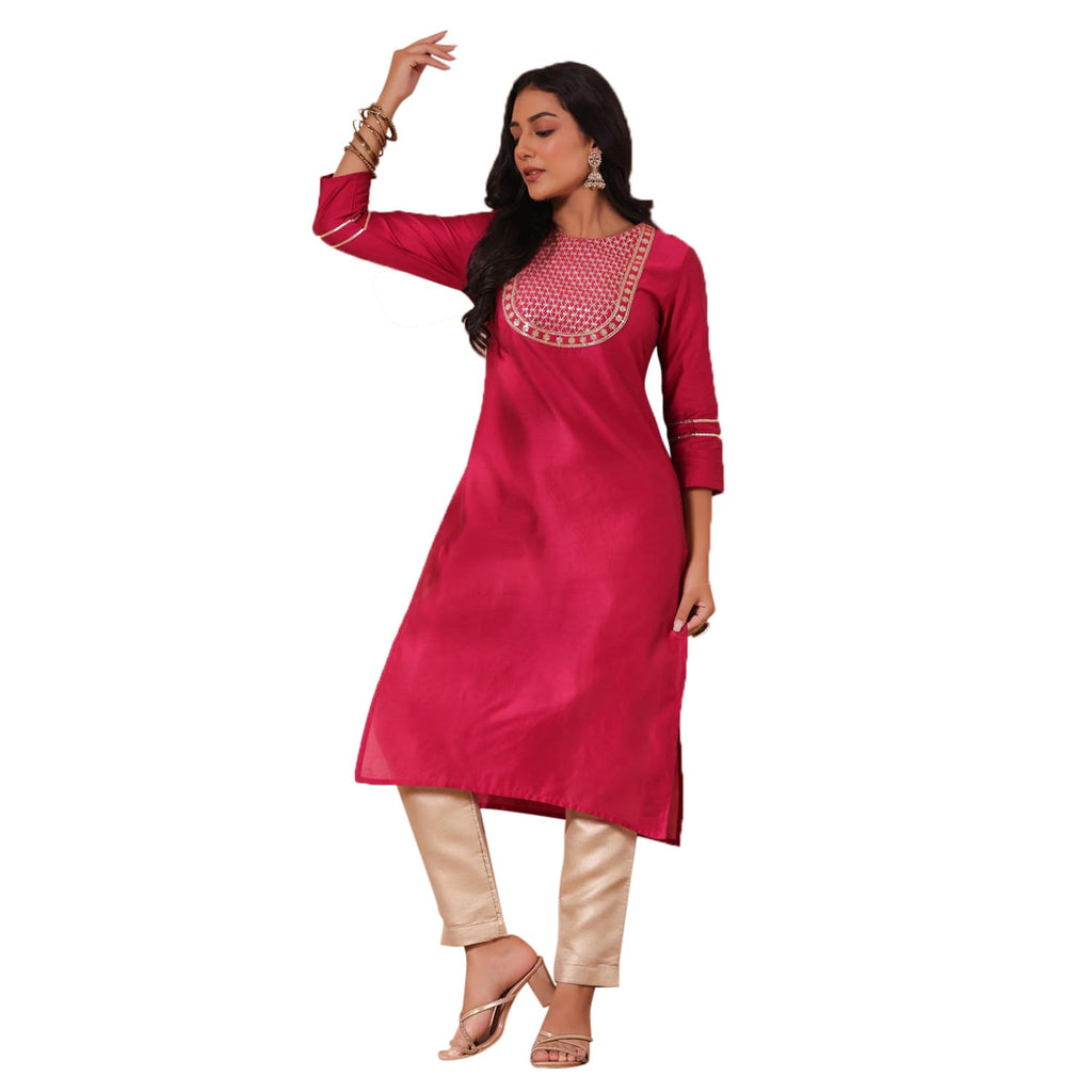 Anubhutee Women'S Fuchsia Yoke Design Zari Work Silk Blend Straight Kurta