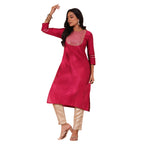 Anubhutee Women'S Fuchsia Yoke Design Zari Work Silk Blend Straight Kurta