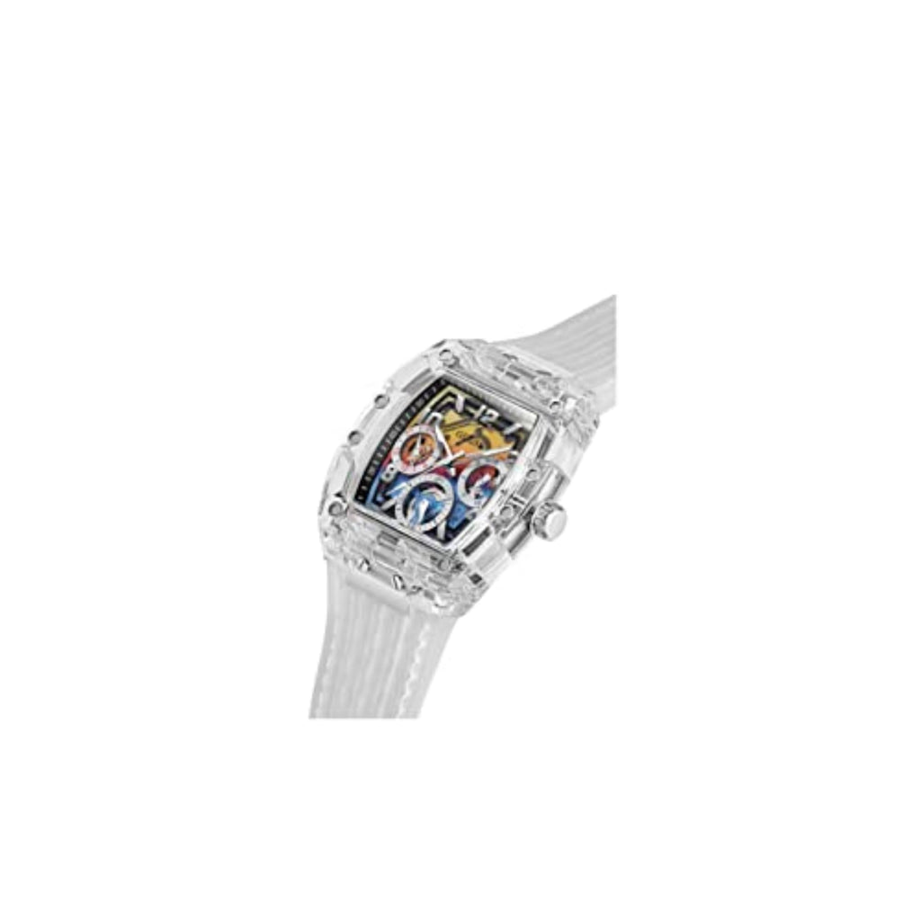 GUESS Mens 44 mm Watch - Clear Strap Rainbow Dial Clear Case