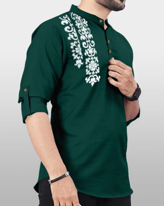 Finivo Fashion MenS Cotton Blend Kurta Style Shirt | Mandarin Collar Long Sleeve Casual Ethnic Shirt With Button Placket | Styl