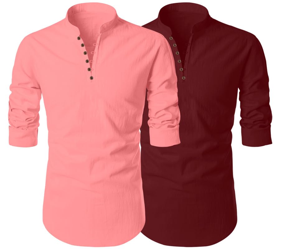 Finivo Fashion MenS Cotton Blend Regular Fit Solid Casual Kurta Shirt Pack Of 2