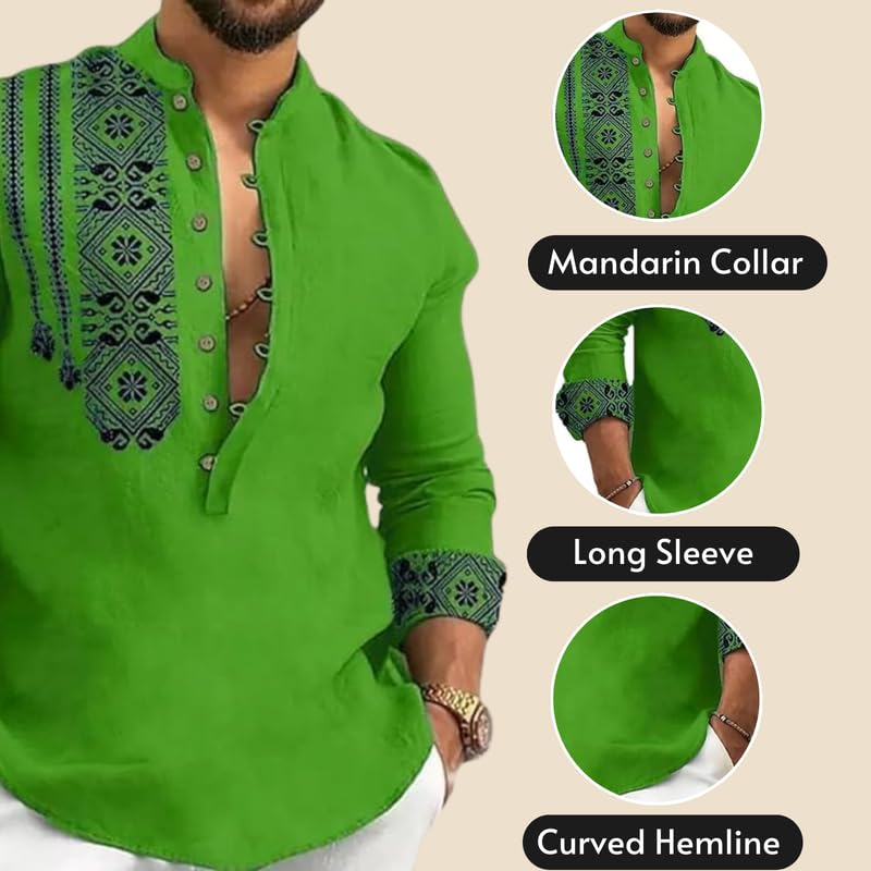 Deelmo MenS Cotton Blend Mandarin Collar Self One Design Full Sleeve Casual Short Kurta Green