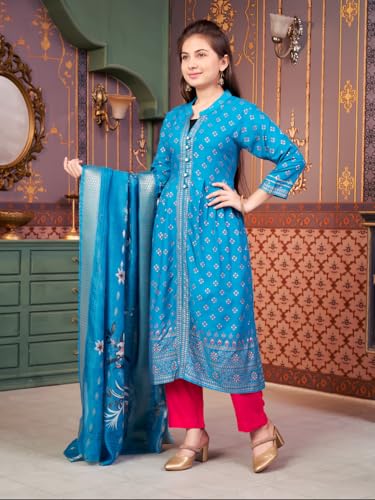Aarika Girls Ethnic Wear Sea Green-Rani Colour Foil Print Rayon Kurti Pant Set-8-15 Years (KP-SD-5826)