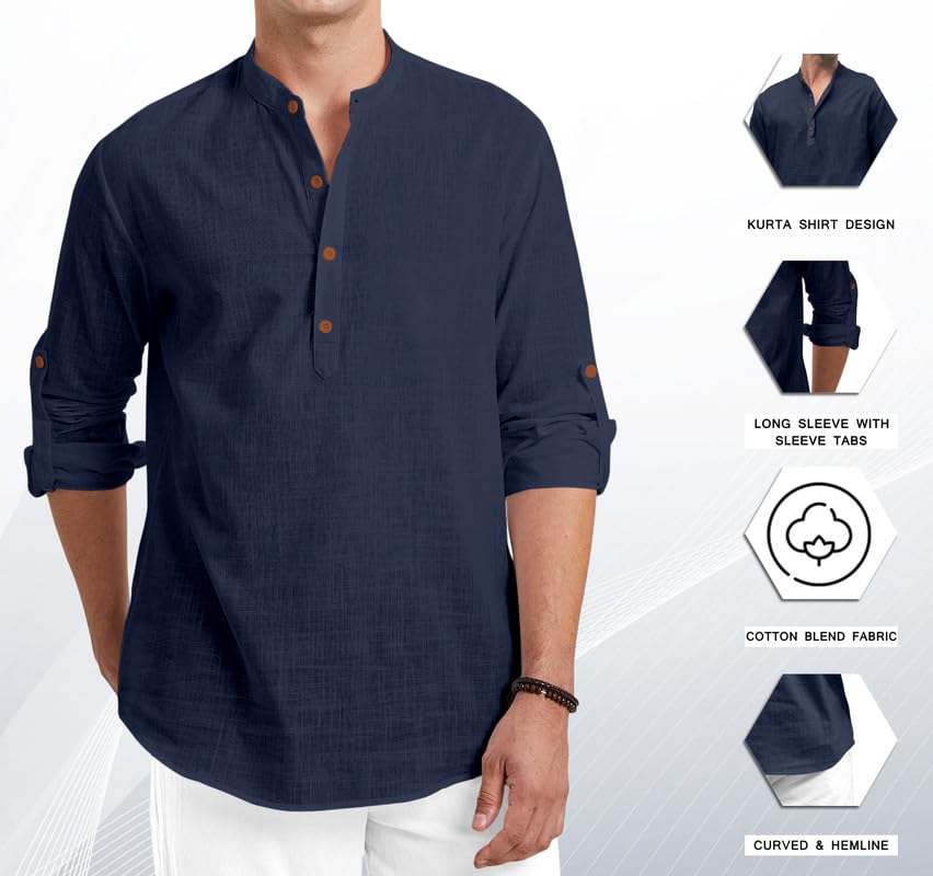 Macsivo MenS Cotton Polyester Blend Solid Regular Fit Full Sleeve Short Kurta | Lightweight Summer Short Kurta Navy