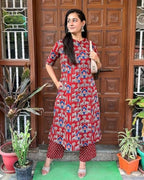 ANNI DESIGNER Womens Rayon Blend Straight Printed Kurta with Palazzo (GPW Red-VKS01_S_Red_Small)