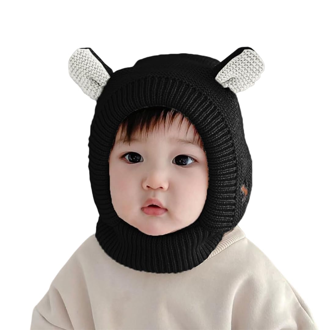Syga Winter Warm Ear Protection Knitted Woolen Unisex Baby Hat (26 Year) Black 0-24