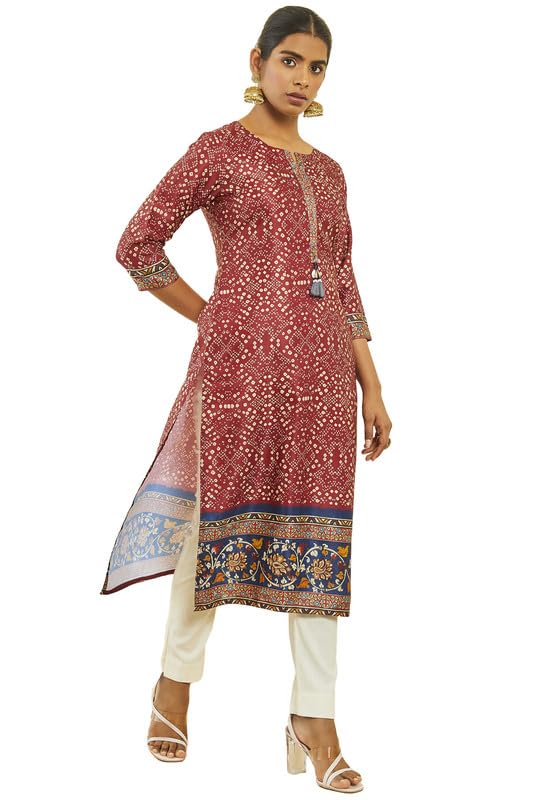 Soch Womens Maroon Satin Bandhani Print Straight Kurta With Tassels
