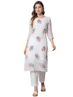 Ekasya Womens Georgette Straight Cut Round Neck Kurta with Beautiful Floral Embroidery Work (E1549) White