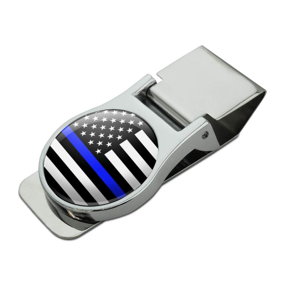 Thin Blue Line American Flag Satin Chrome Plated Metal Money Clip 1.3