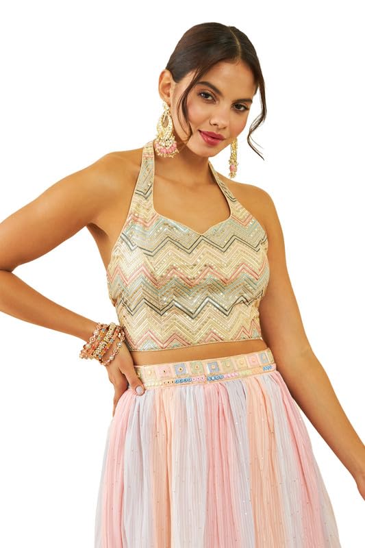 Soch Women Georgette Sequin Embellished Halter-Neck Back-Open Sleeveless Blouse