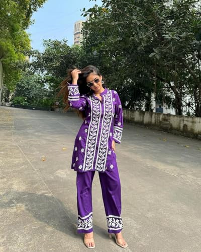 ANNI DESIGNER Womens Cotton Blend Straight Chikankari Embroidered Kurta with Palazzo (LKO Purple-NSC_M_Purple_Medium)