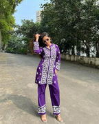 ANNI DESIGNER Womens Cotton Blend Straight Chikankari Embroidered Kurta with Palazzo (LKO Purple-NSC_M_Purple_Medium)