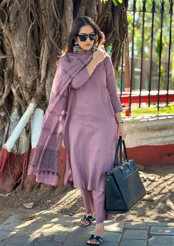 ANNI DESIGNER Womens Rayon Blend Straight Solid Kurta with Pant & Dupatta (Raja Saab Purple_XL_Purple_X-Large)