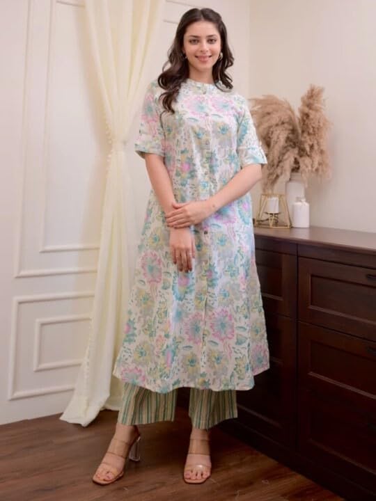 Shiv Textiles WomenS Cotton Printed A-Line Kurta With Pant Set | Kurta Sets For Women | Comfortable & Stylish.(Kp-301-Offwhite-