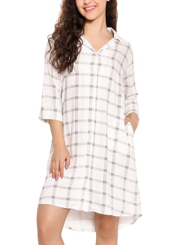 Clovia Womens Rayon Classic Checks Button Down Sleep Shirt (NS1392F18_White_S)