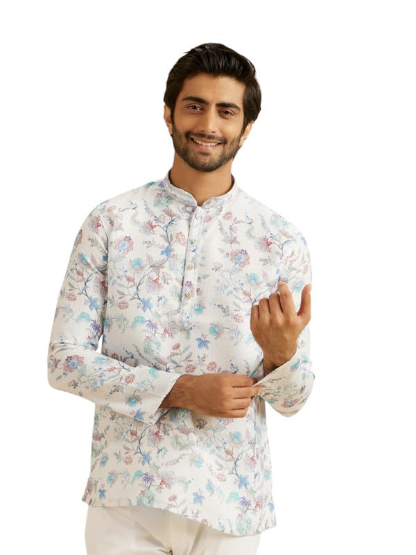 Manyavar MenS Cotton Blend Printed Short Kurta (Aqua Green,Xl)
