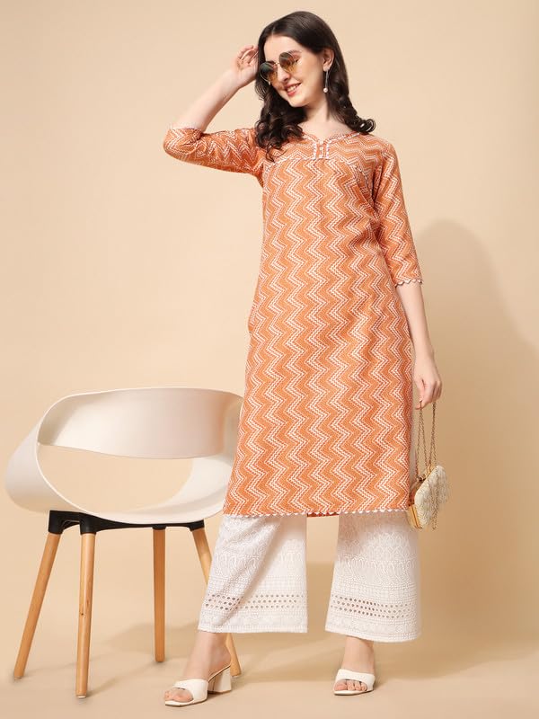 Nainvish Women'S Cotton Blend Straight V-Neck Printed Kurta (Sd421_K-Xxl._Orange)