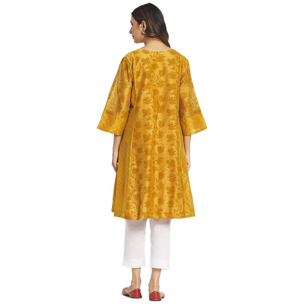 Fabindia Women Cotton Silk Printed Knee Length Kurta Mustard